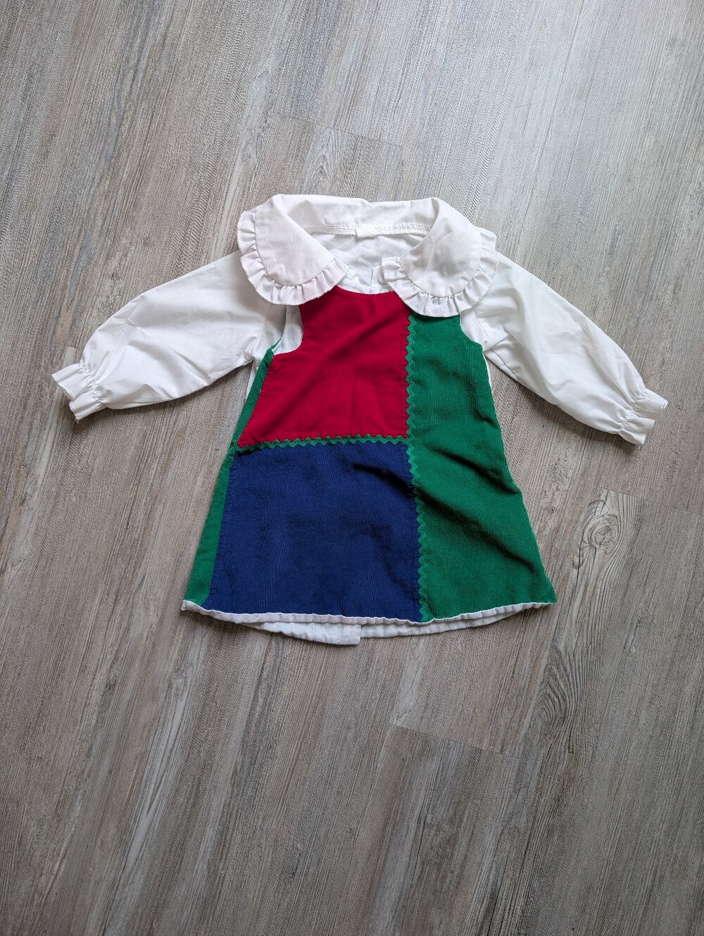 Vintage Patchwork Kids Dress with White Blouse - Red, Green & Blue